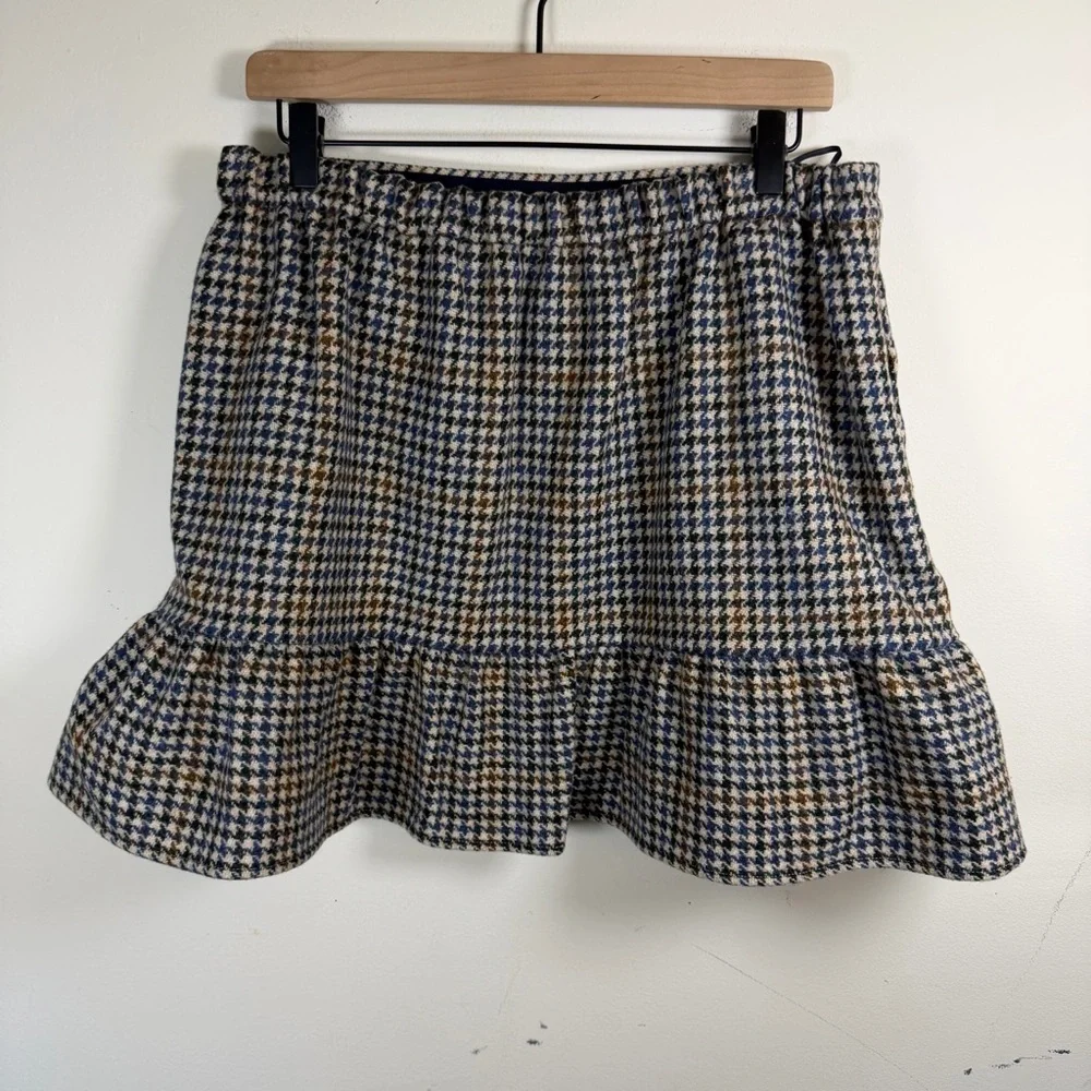 NWT J Crew 100% Wool Plaid Ruffle Hem Mini Skirt Blue Brown Size 12 Houndstooth
